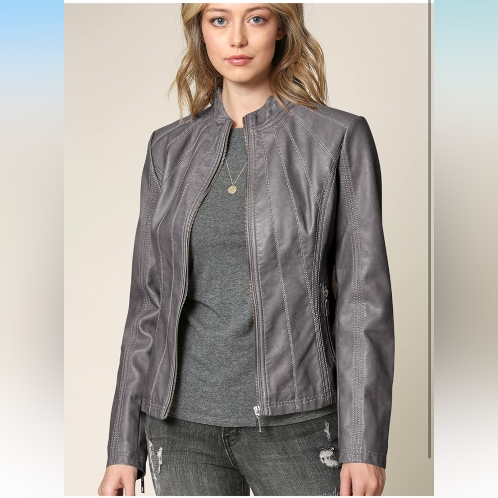 🏍️ Women's Moto Biker Gray Faux Leather Slimming Fit Jacket XL